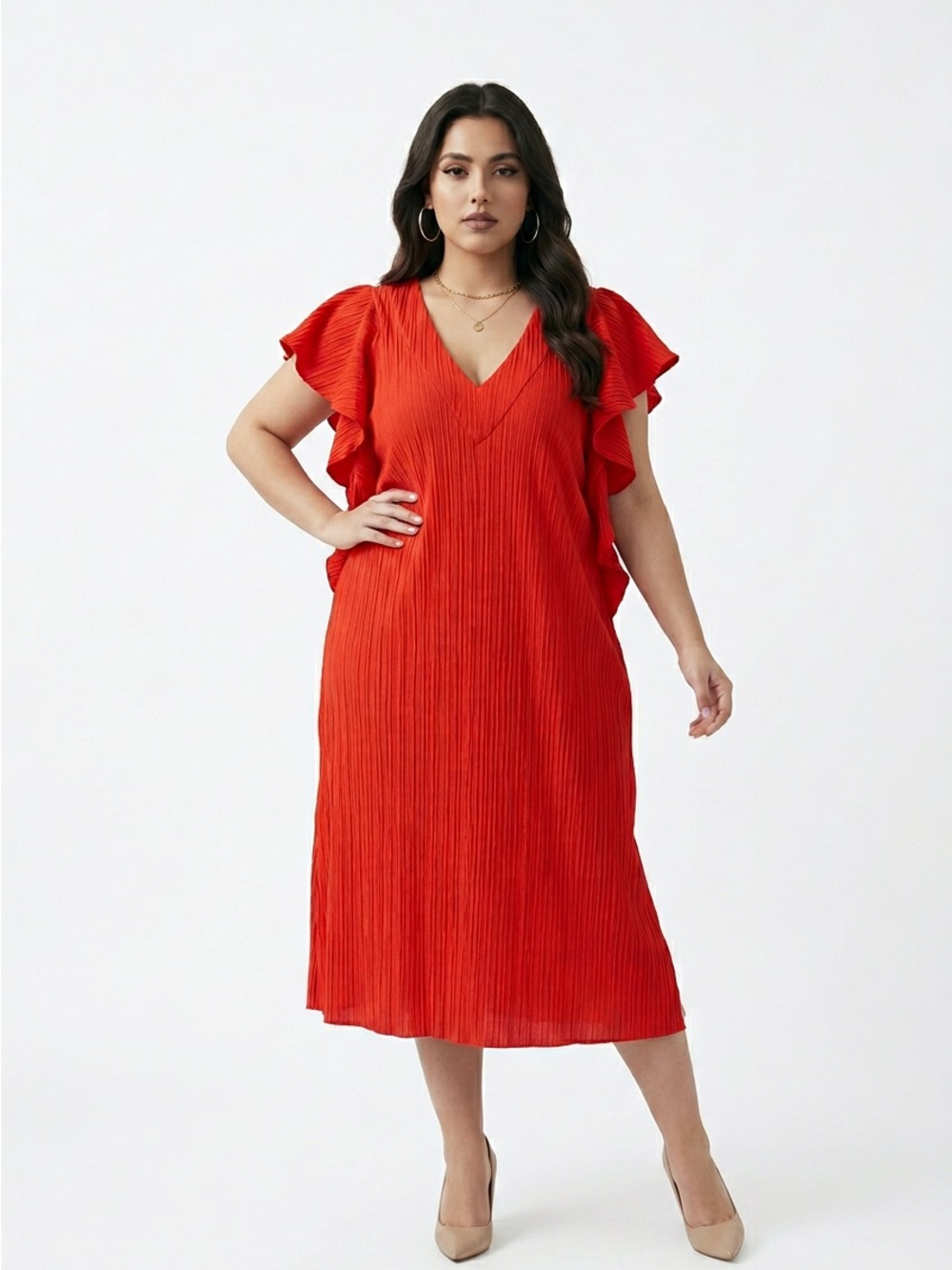 Sandra Darren Vibrant Red V-Neck Maxi Dress with Ruffle Sleeves and pockets
